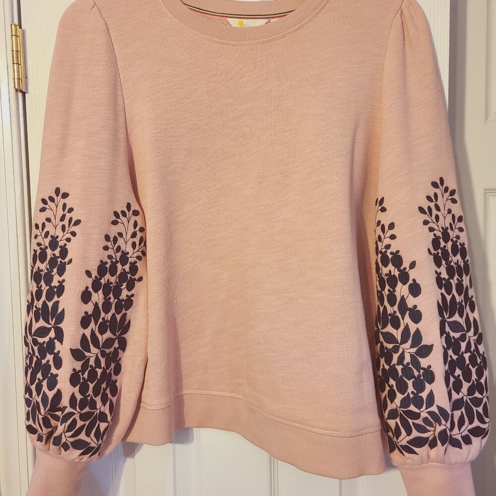 Boden Embroidered Blouson Sweatshirt - Soft pink with navy embroidery on sleeves